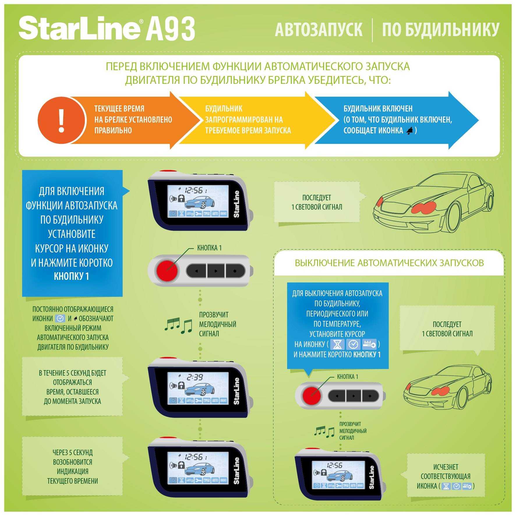 Как настроить автозапуск сигнализации Старлайн А93 - полное и подробное описание всех функций и значений меню, какие кнопки нажимать для настроек автозапуска